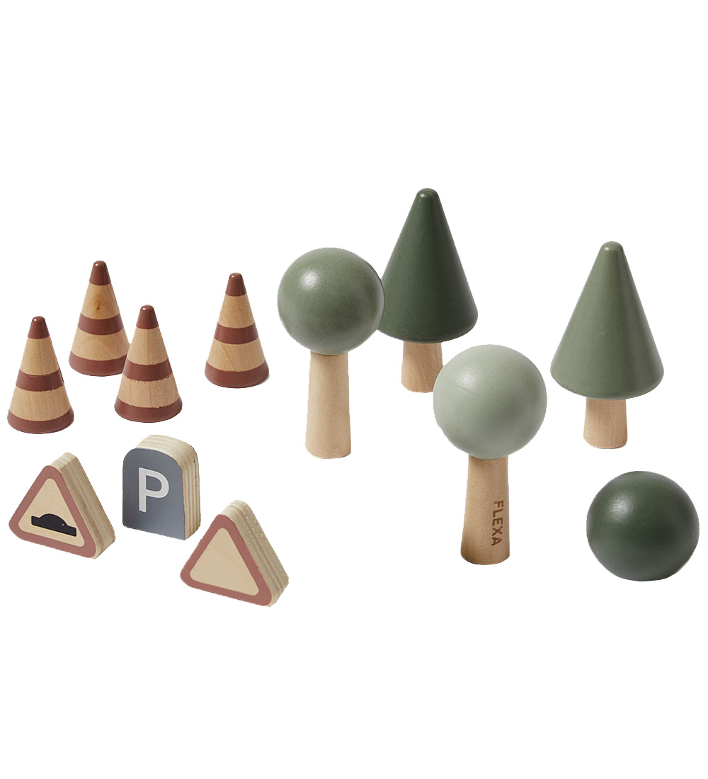 Flexa Play Accessories for Car Track - 14 pcs - Wood