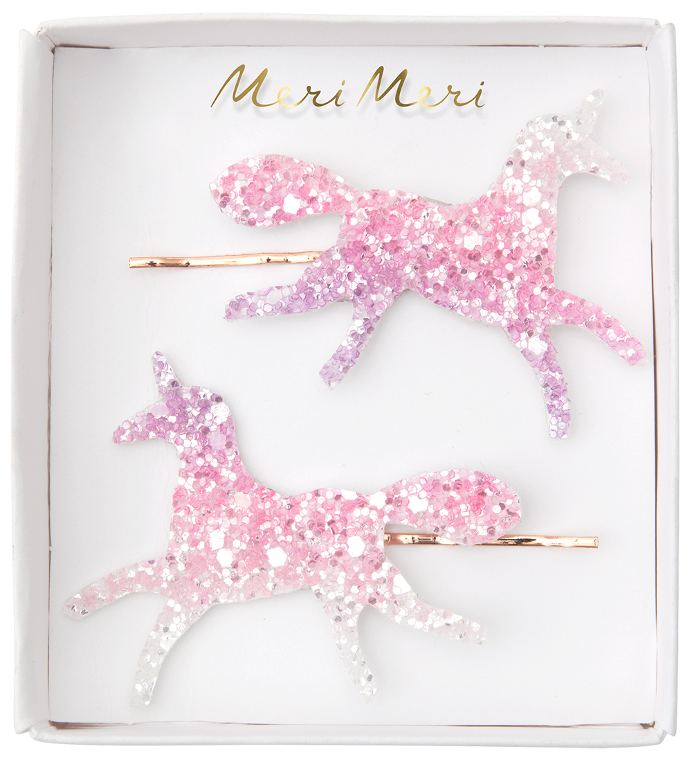 Meri Meri Hårspännen - 2-pack - 6 cm - Rosa/Vit m. Enhörningar