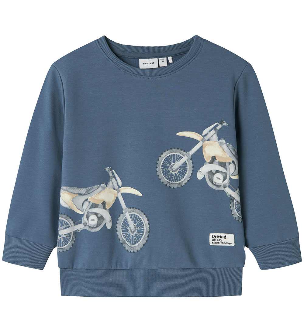 Name It Sweatshirt - NmmTeodor - China Blue w. Motorcycle print