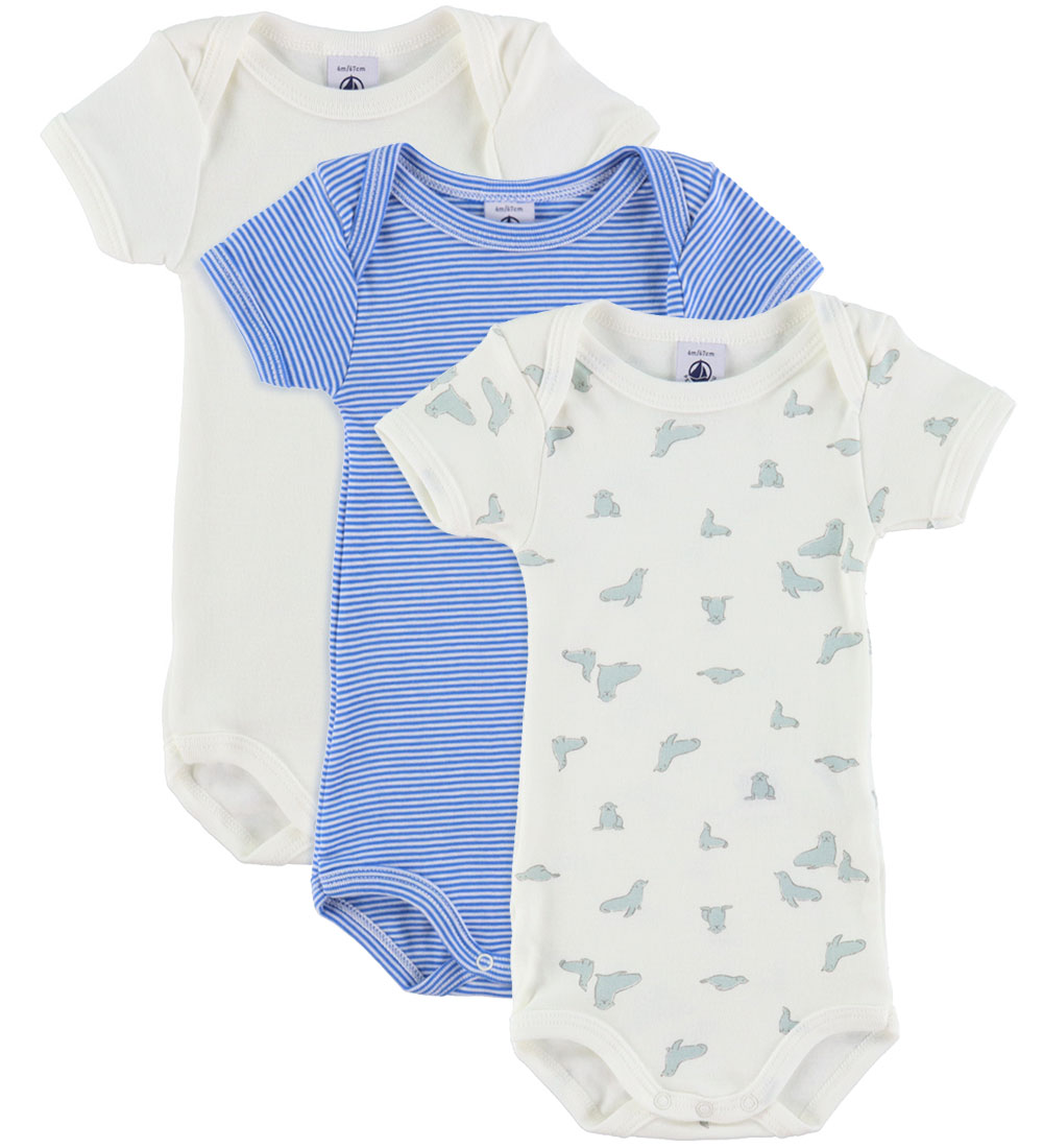 Petit Bateau Romper k/æ - 3-pack - Wit/Blauw Gestreept