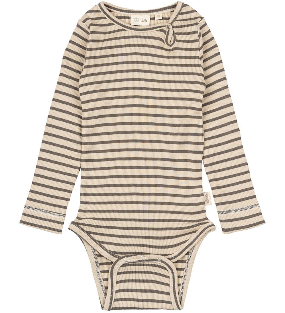 Petit Piao Bodysuit l/s - Rib - Modal - Earth Brown/Dark Off Whi