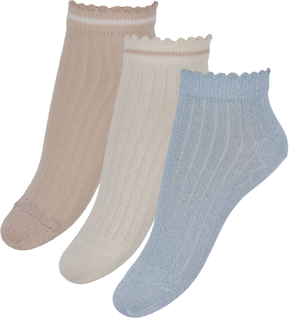 MP Ankelsokker - 3-pack - Petra - Lyseblå/Rosa/Hvit m. Glitter
