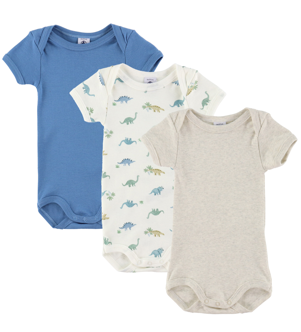 Petit Bateau Romper s/s - 3-pack - Wit/Blauw/Beige