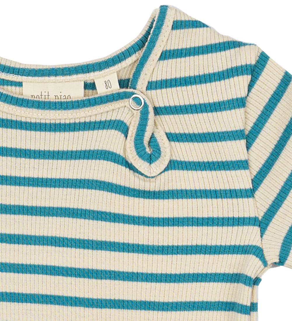 Petit Piao Summer Romper - Rib - Modal - Turquise/Dark Off White