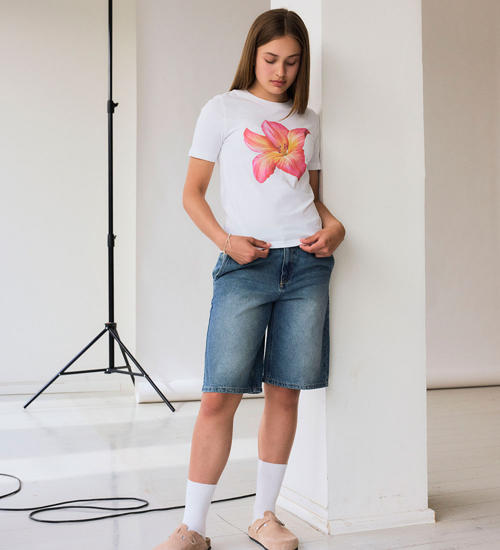 LMTD Stuttermabolur - NlfTropic - Bright White/Bleikt Flower