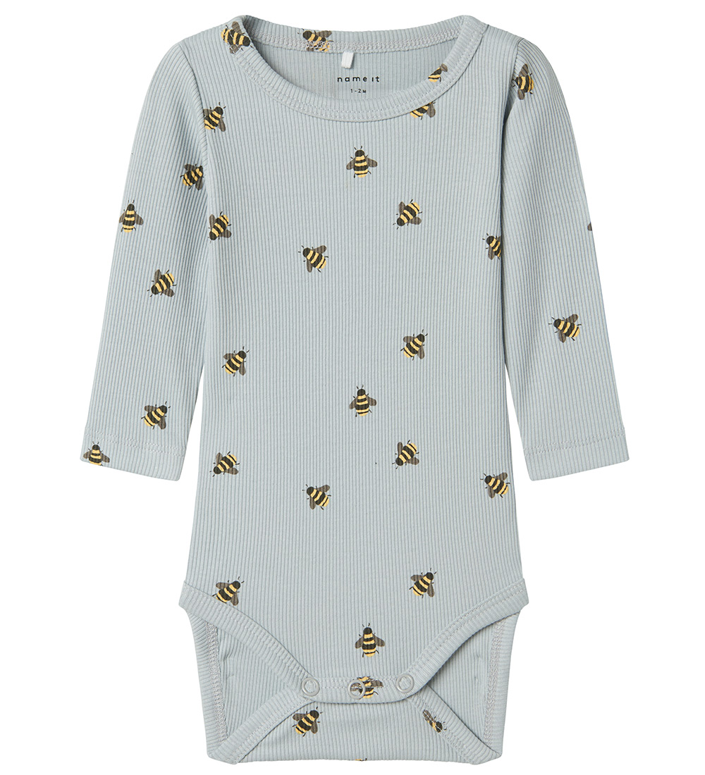 Name It Bodysuit l/s - Rib - NbmFunkab - Pearl Blue w. Bees
