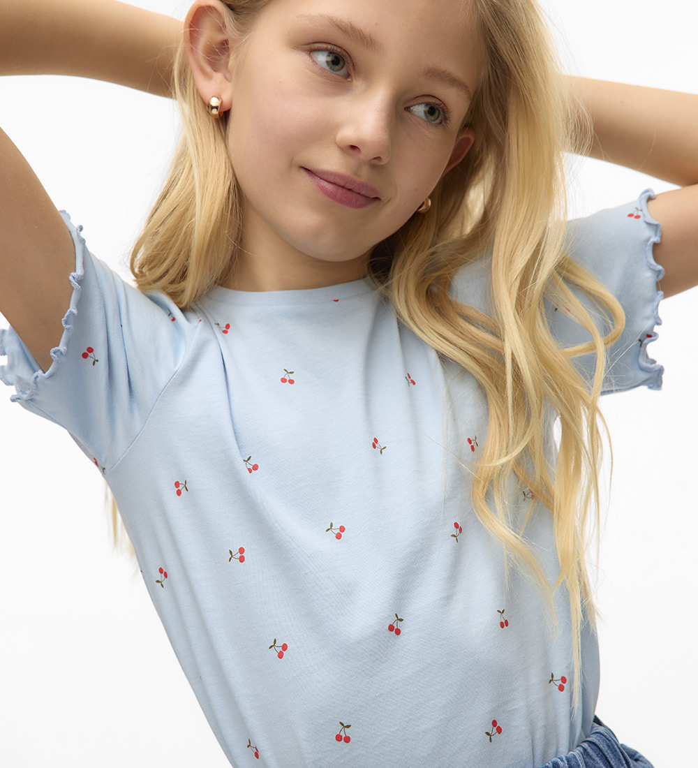 Vero Moda Girl Stuttermabolur - VmPaulina - Cashmere Blue/Cherry