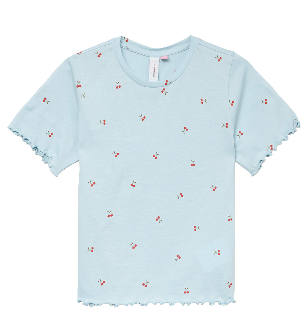 Vero Moda Girl Stuttermabolur - VmPaulina - Cashmere Blue/Cherry