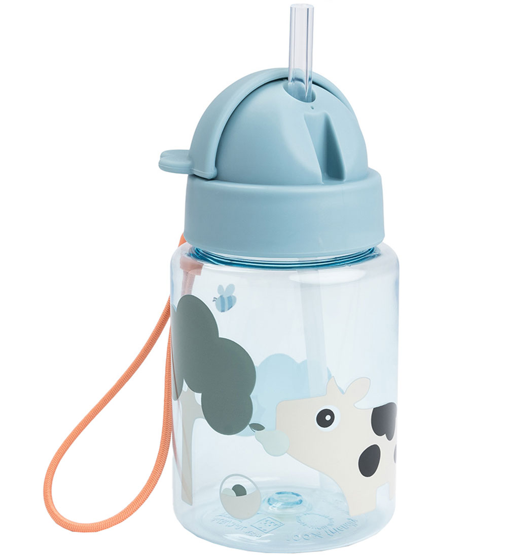 Done by Deer Water Bottle w. Straws - Tiny Farm - 280ml - Blue