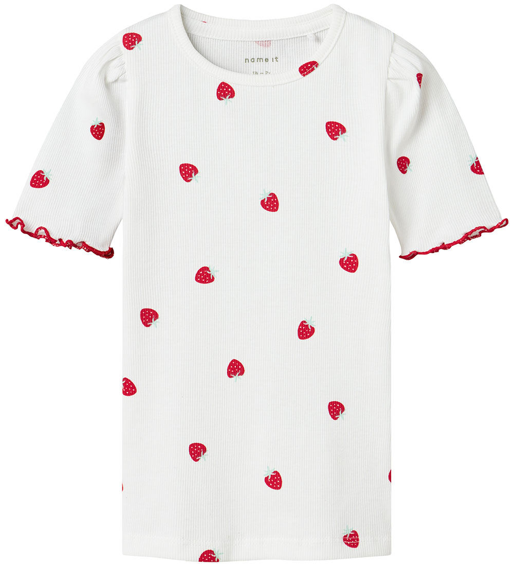 Name It T-Shirt - Rib - NmfJillie - Bright White m. Erdbeere