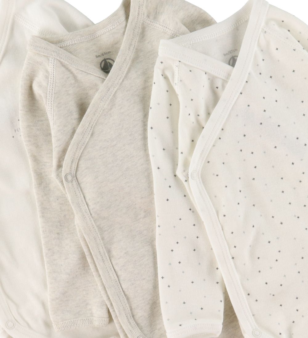 Petit Bateau Wikkel Rompers L/æ - 3-pack - Wit/Grijs Gevlekt m.