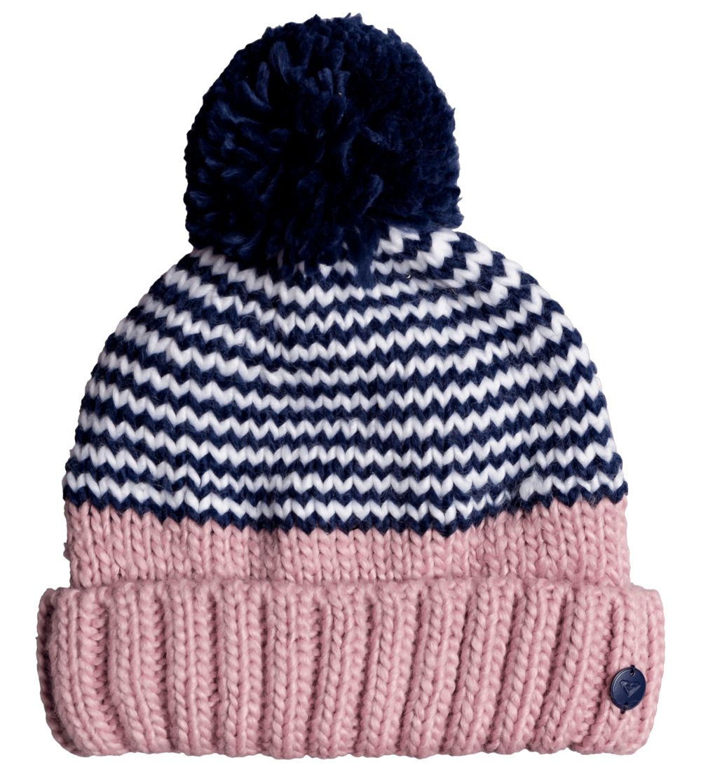 Roxy Beanie - Knitted - Frozenfall - White/Blue/Pink w. Pom-Pom