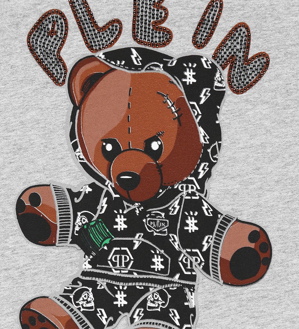 Philipp Plein T-Shirt - Teddy Bear - Grey Melange w. Rhinestone