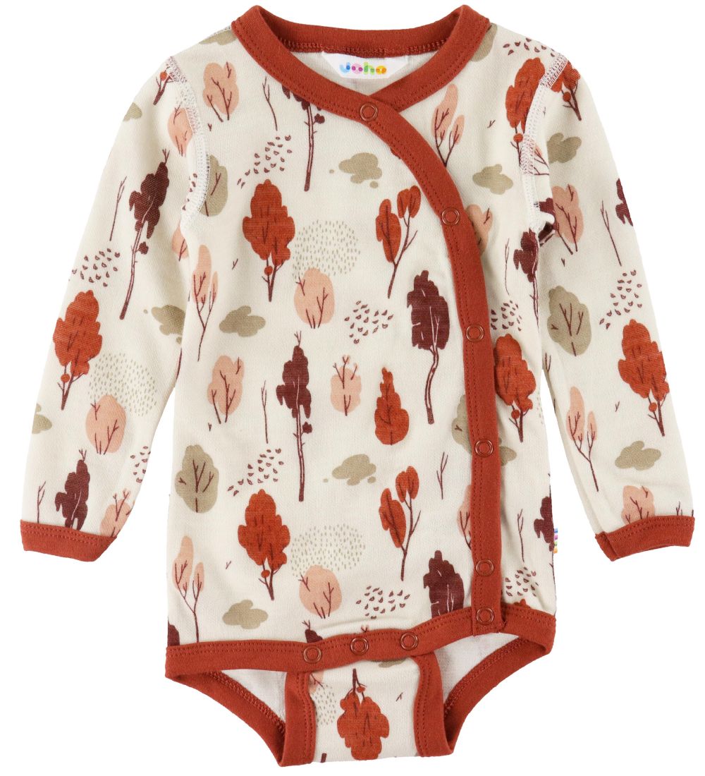 Joha Wrap Bodysuit l/s - Wool/Bamboo - White/Red w. Trees