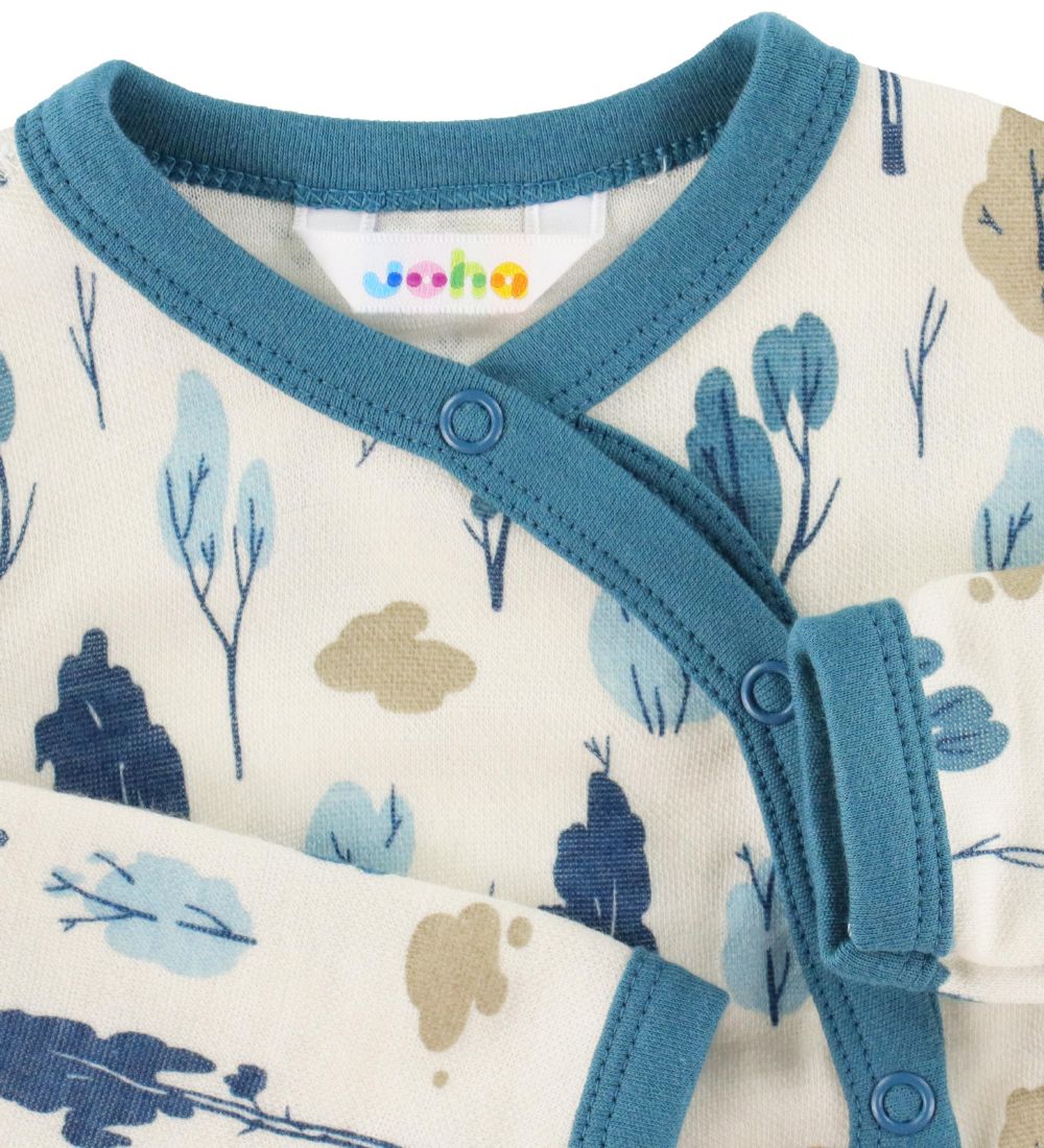 Joha Wrap Bodysuit l/s - Wool/Bamboo - White/Blue w. Trees