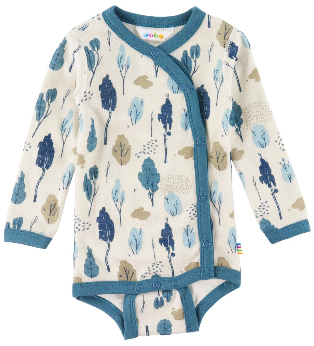 Joha Wrap Bodysuit l/s - Wool/Bamboo - White/Blue w. Trees