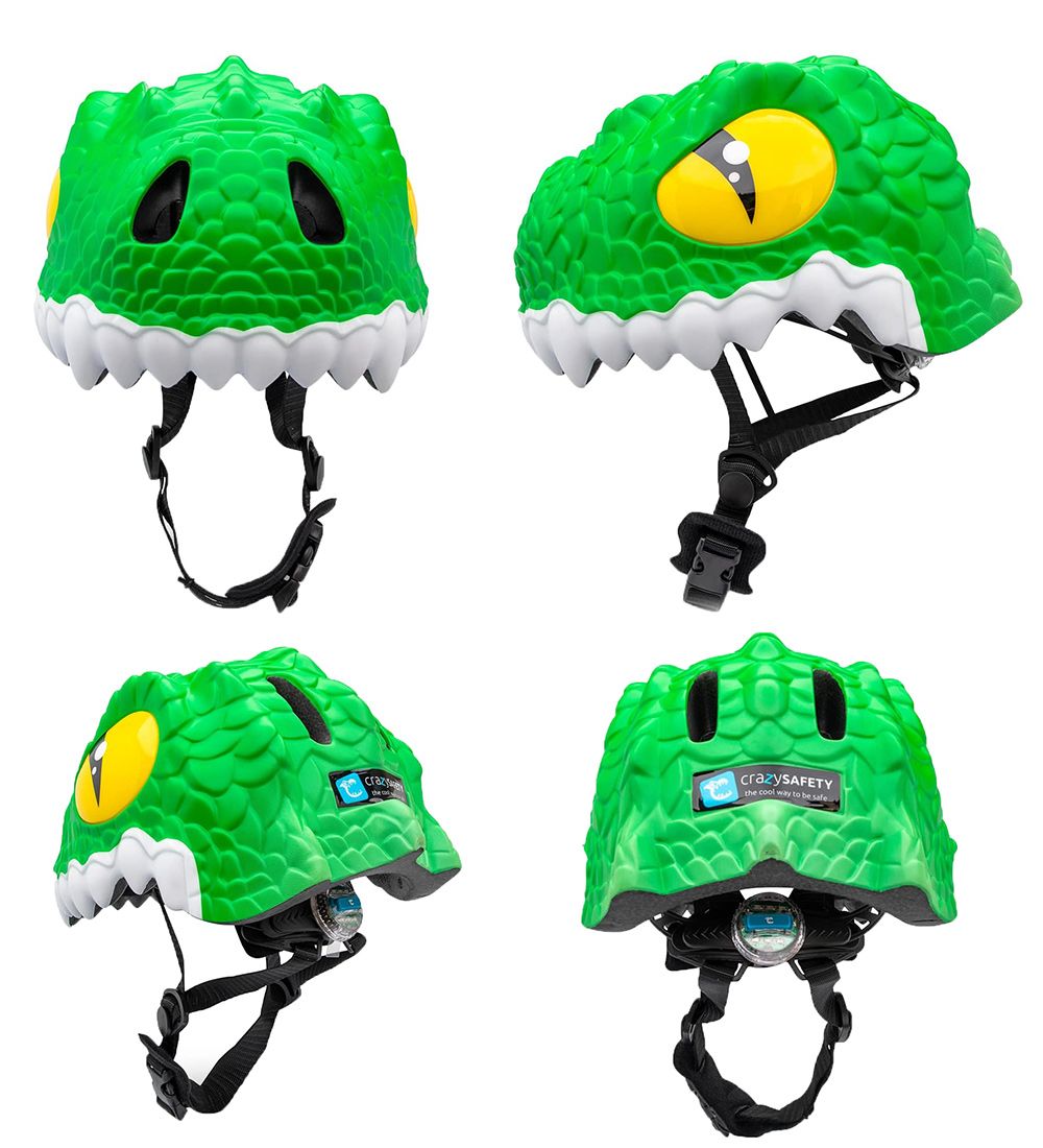 Crazy Safety Bicycle Helmet w. Light - Crocodile - Green