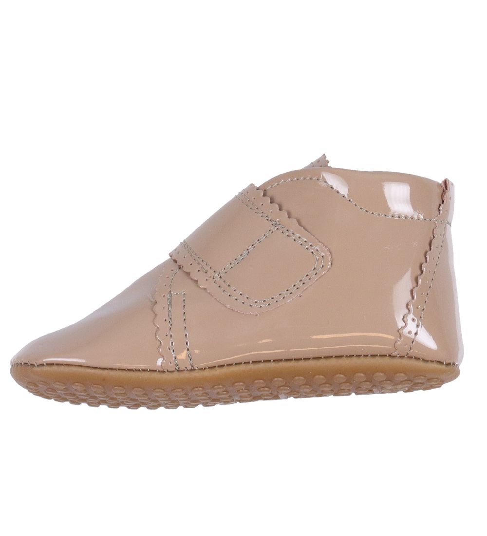 Pom Pom Slippers - Velcro Scallops - Latte Patent