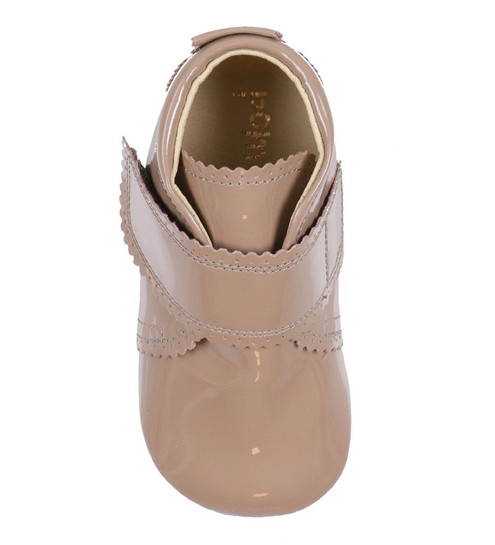 Pom Pom Slippers - Velcro Scallops - Latte Patent