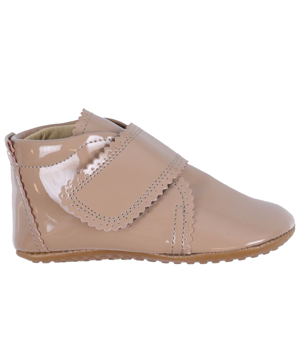 Pom Pom Slippers - Velcro Scallops - Latte Patent