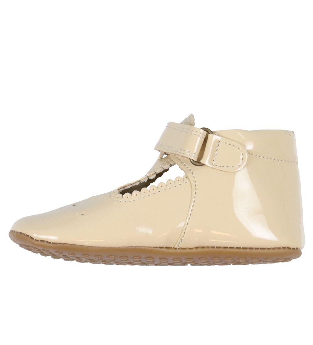 Pom Pom Ballerina Slippers - T-bar - Sand Patent