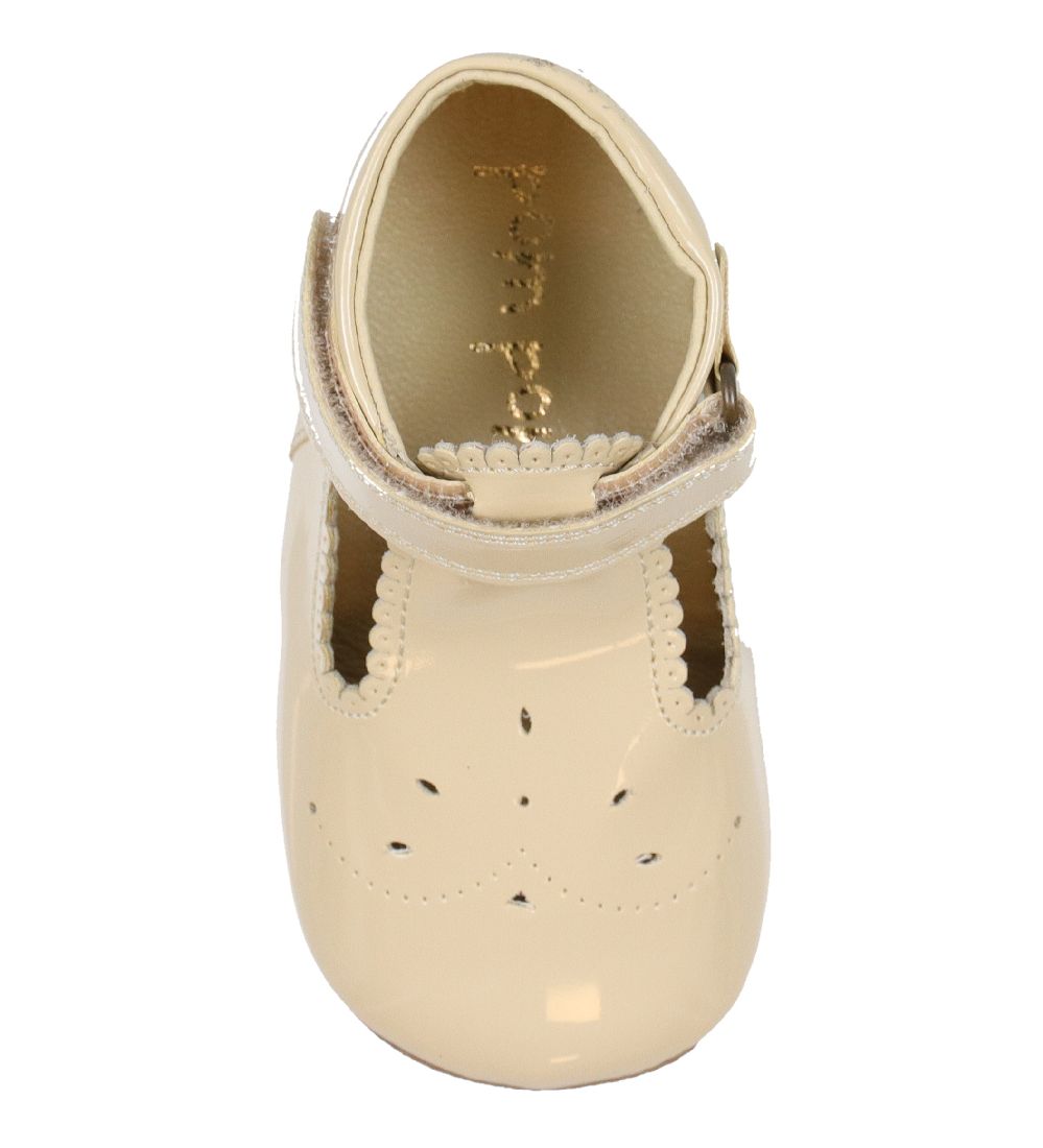 Pom Pom Ballerina Slippers - T-bar - Sand Patent