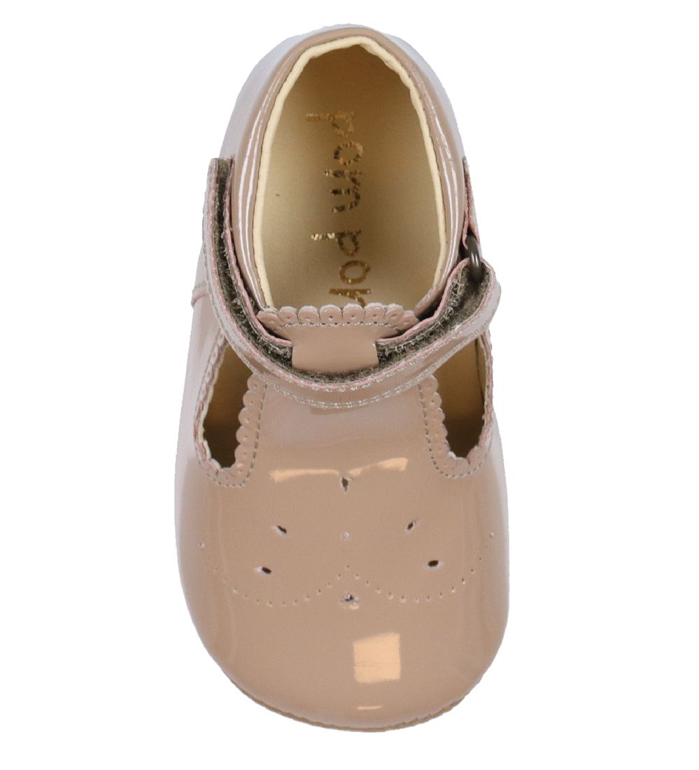 Pom Pom Ballerina Slippers - T-Bar - Latte Patent