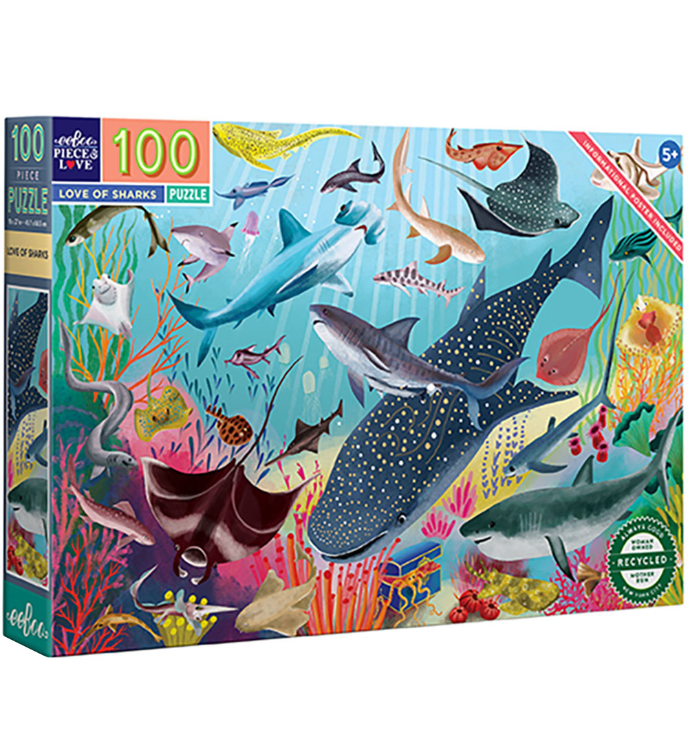 Eeboo Púsluspil - 100 Kubbar - 45,7x68,5 cm - Hákarlar I Dýptin
