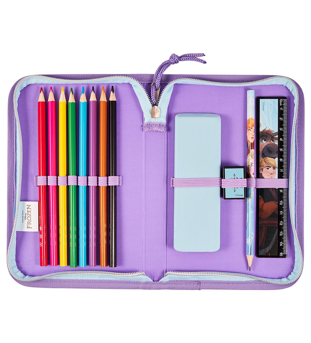 Frozen Pencil Case w. Contents - Onezip - Blue w. Print/Glitter