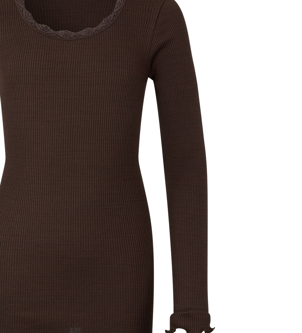 Rosemunde Bluse - Seide/Baumwolle - Rib - Black Brown m. Spitze