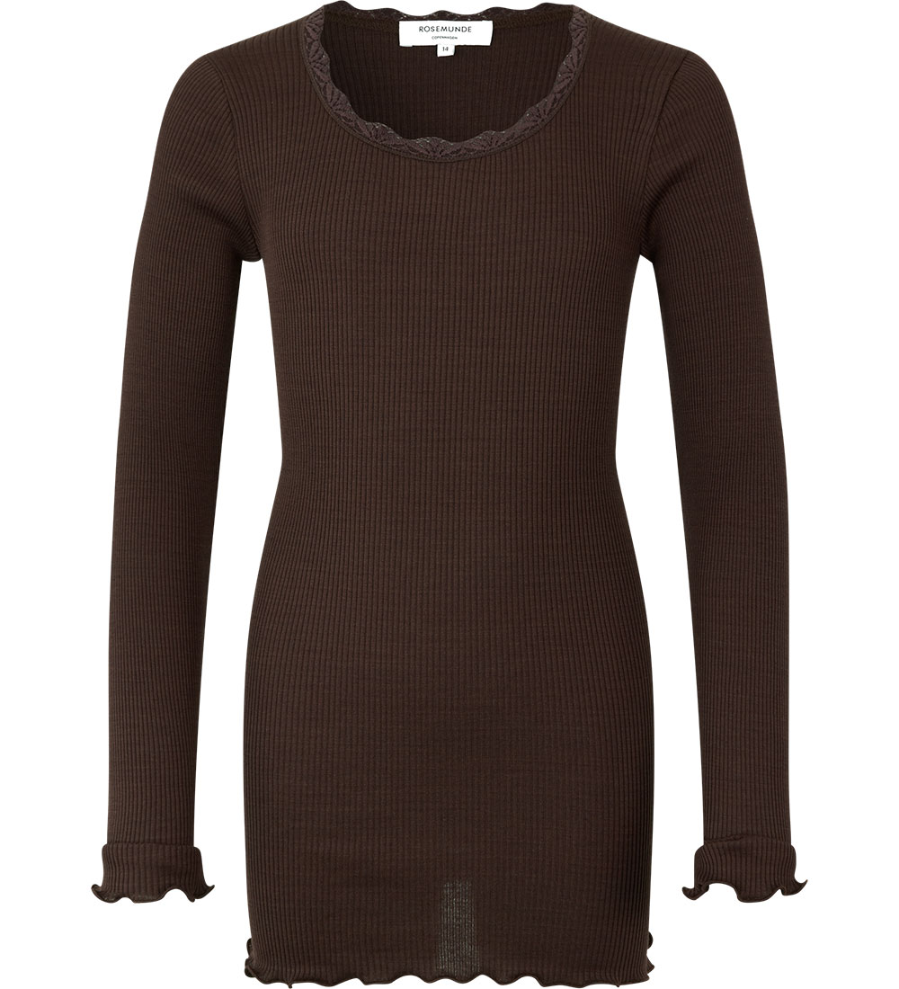 Rosemunde Bluse - Seide/Baumwolle - Rib - Black Brown m. Spitze