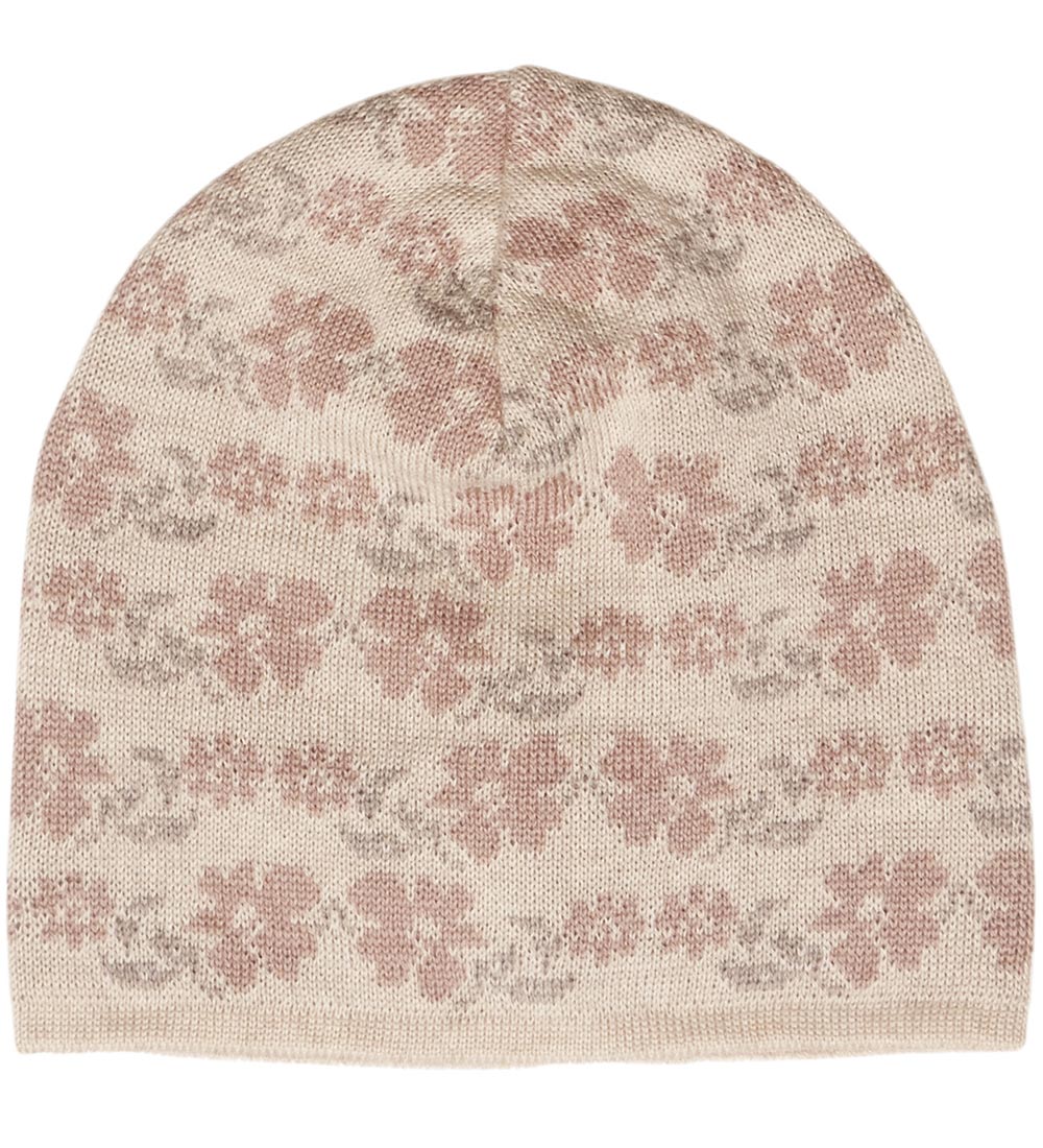 Huttelihut Beanie - Knitted - Wool - Dusty Rose w. Flowers