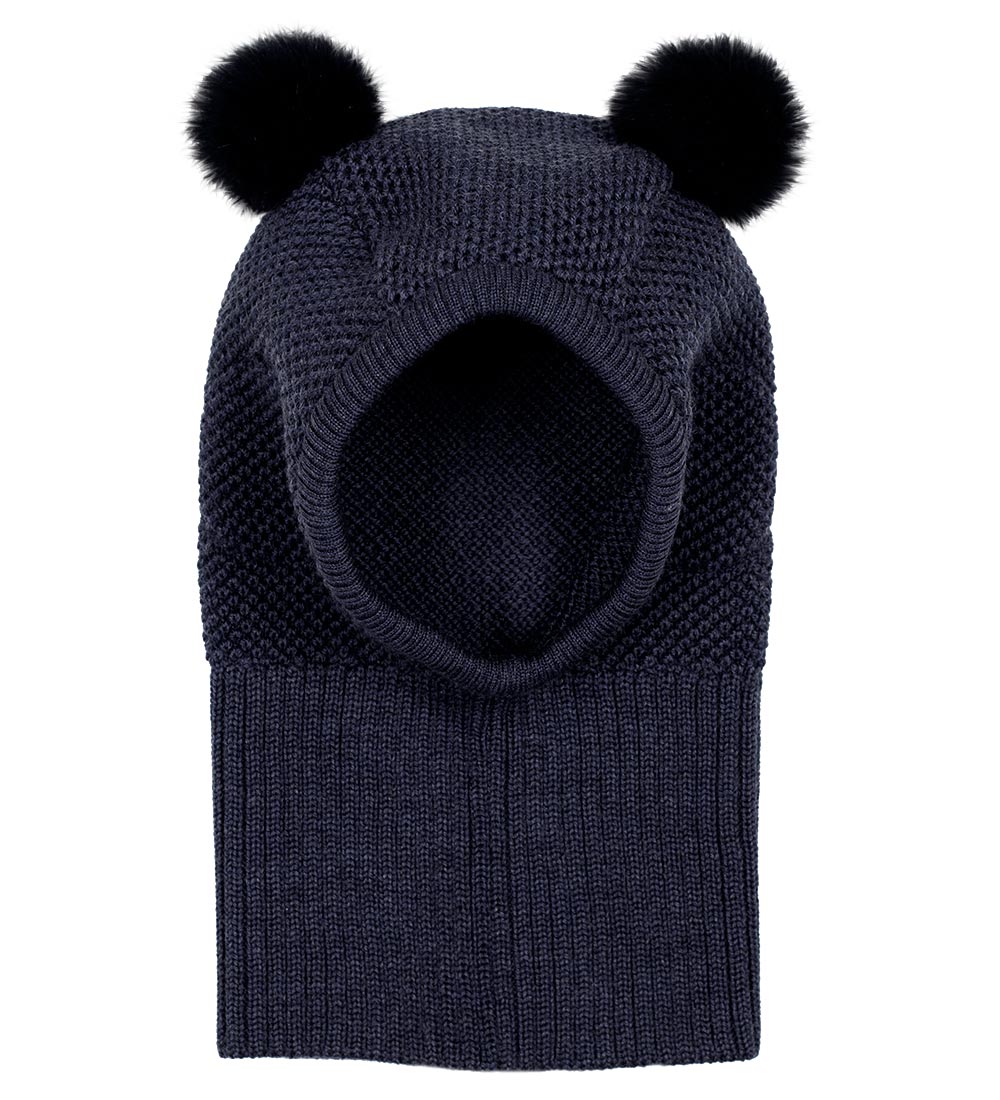 Huttelihut Balaclava - Wool - Single Layer - Wooly - Navy w. Pom