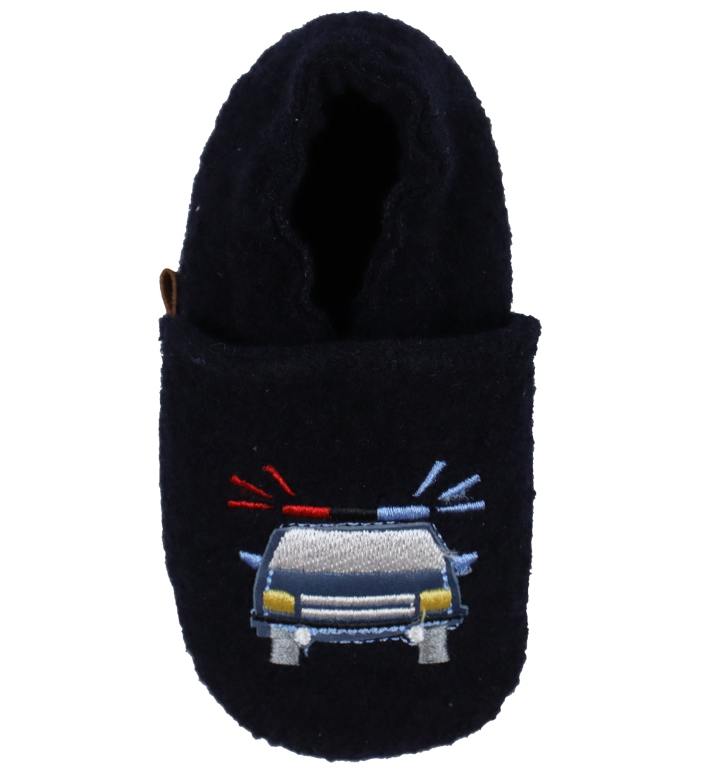 Melton Hausschuhe - Wolle - Navy m. Polizeiauto