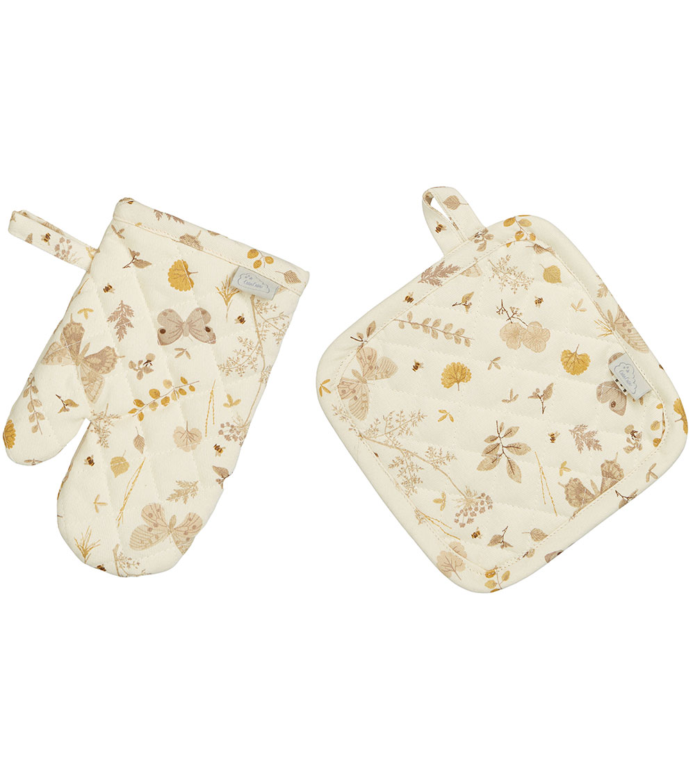 Cam Cam Oven Mitts & Potholder - Beige w. Leaves/Butterflies