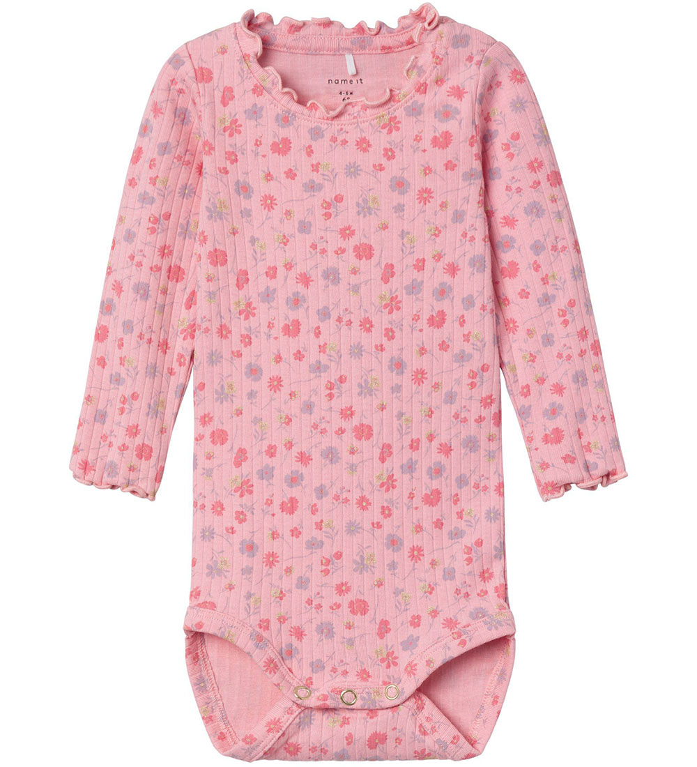 Name It Bodysuit l/s - Rib - NbfOlea - Candy Pink w. Flowers