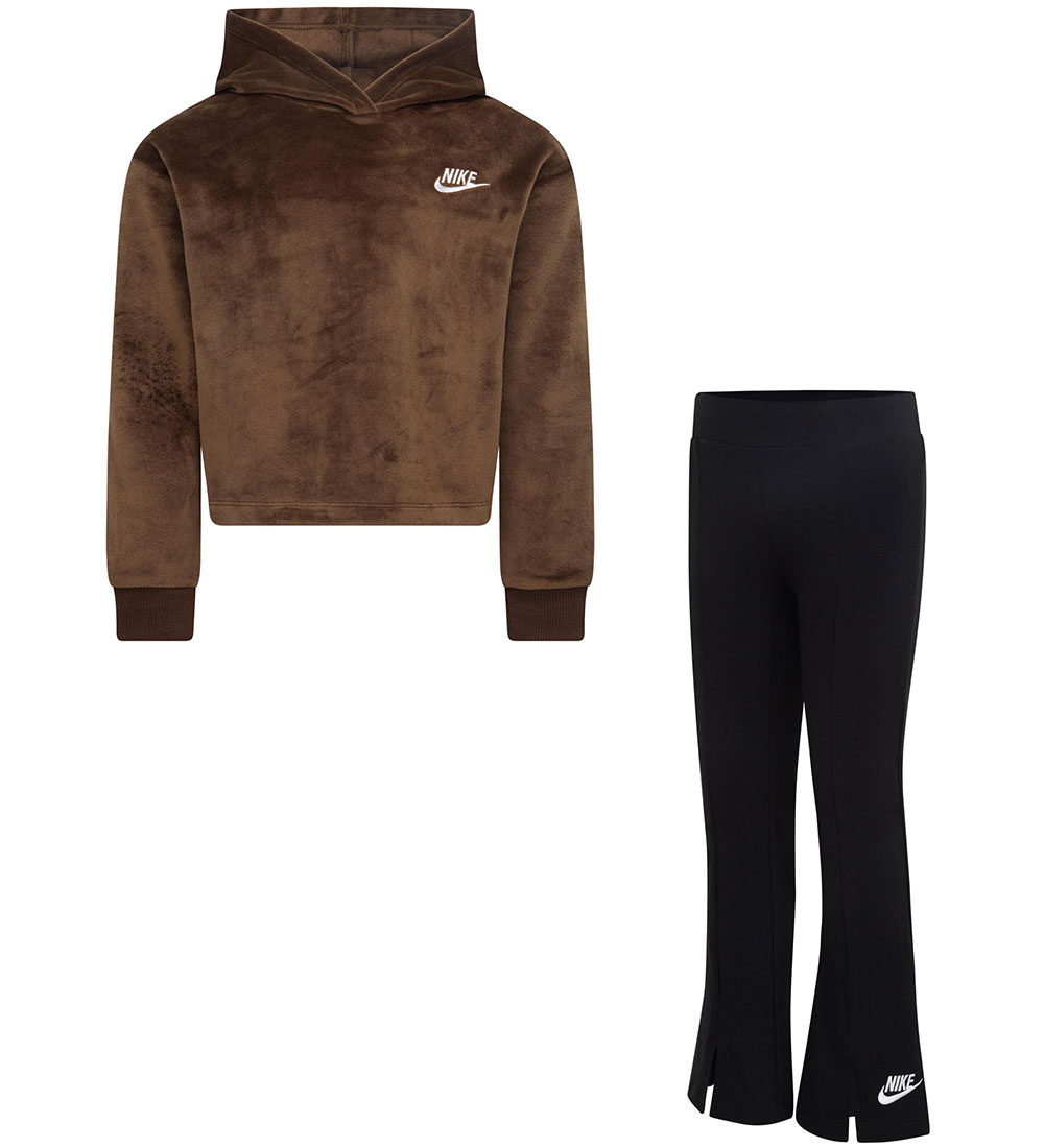 Nike Set - Leggings/Hoodie - Cropped/Velvet - Black/Brown