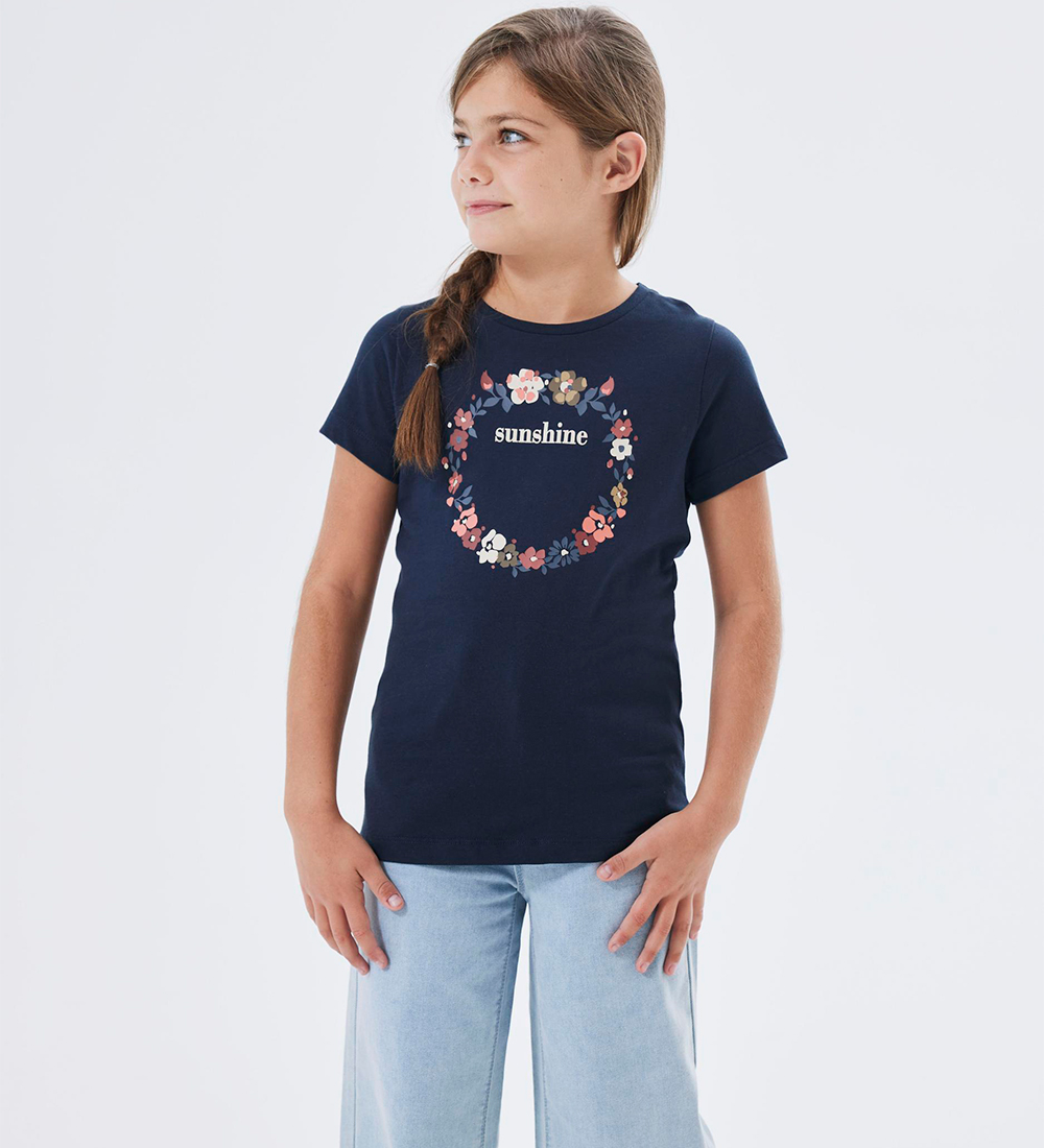 Name It T-shirt - NkfNoster - Dark Sapphire w. Floral Wreath