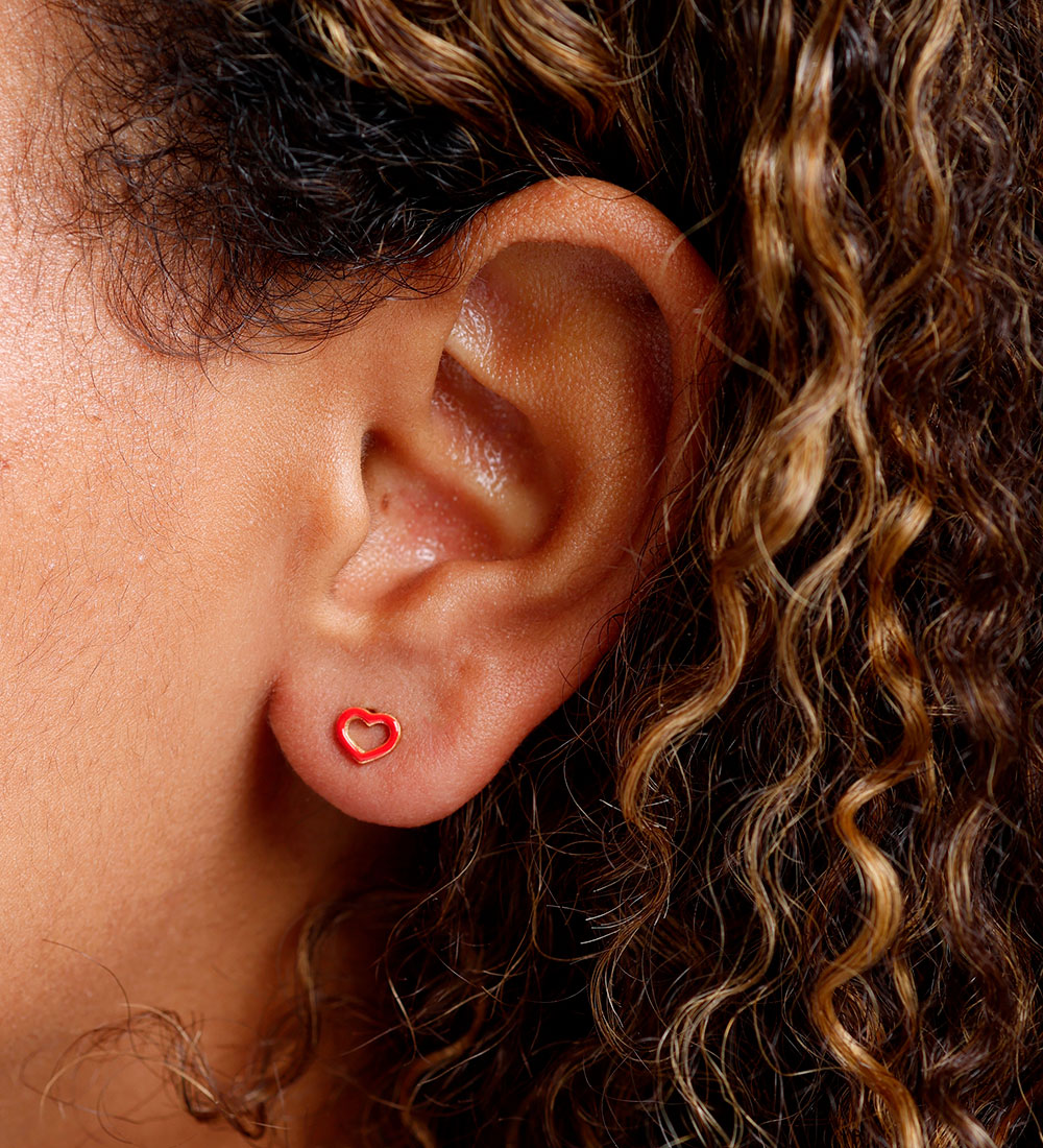 Design Letters Earring - 1 pcs - Red Heart - 18K Gold Plated