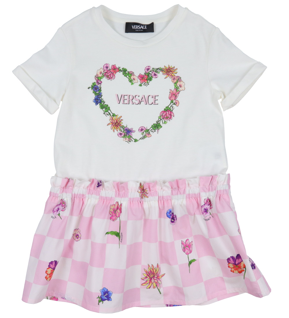 Versace Kleid - Weiß/Rosa Kariert m. Blumen