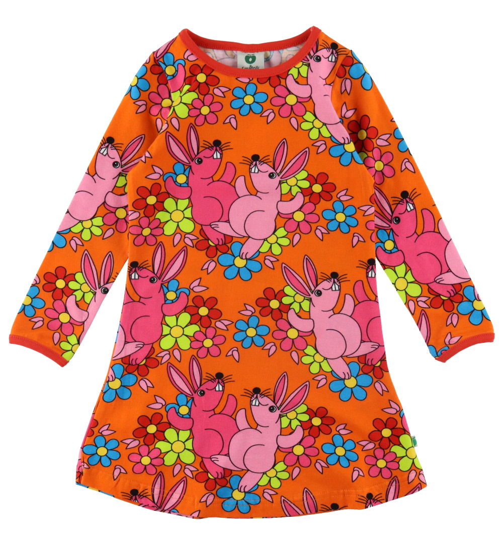 Småfolk Kleid - Orange m. Kaninchen und Blumen