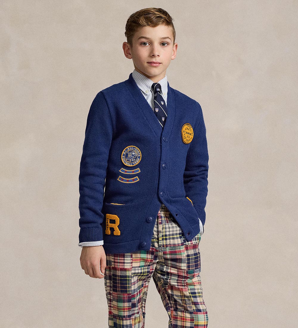 Polo Ralph Lauren Cardigan - Knitted - Blue w. Patches