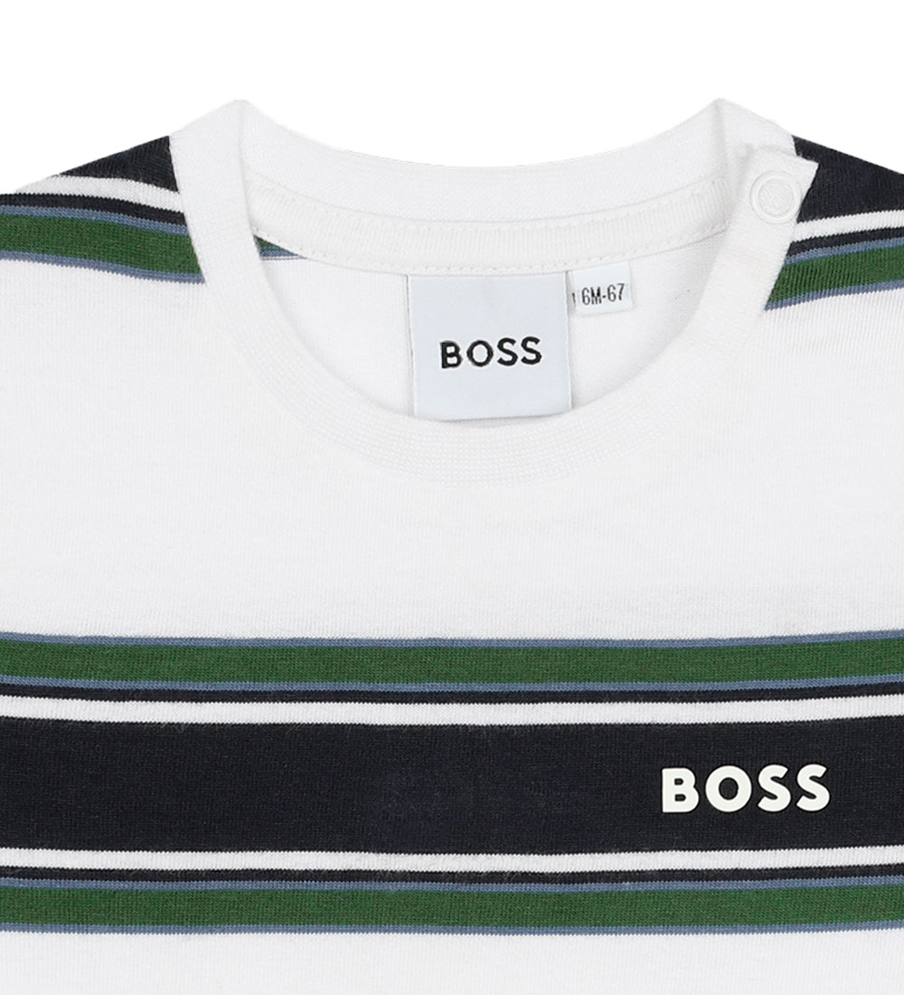 BOSS Stuttermabolur - Hvítt/Dökkblátt með röndum M. Grænt