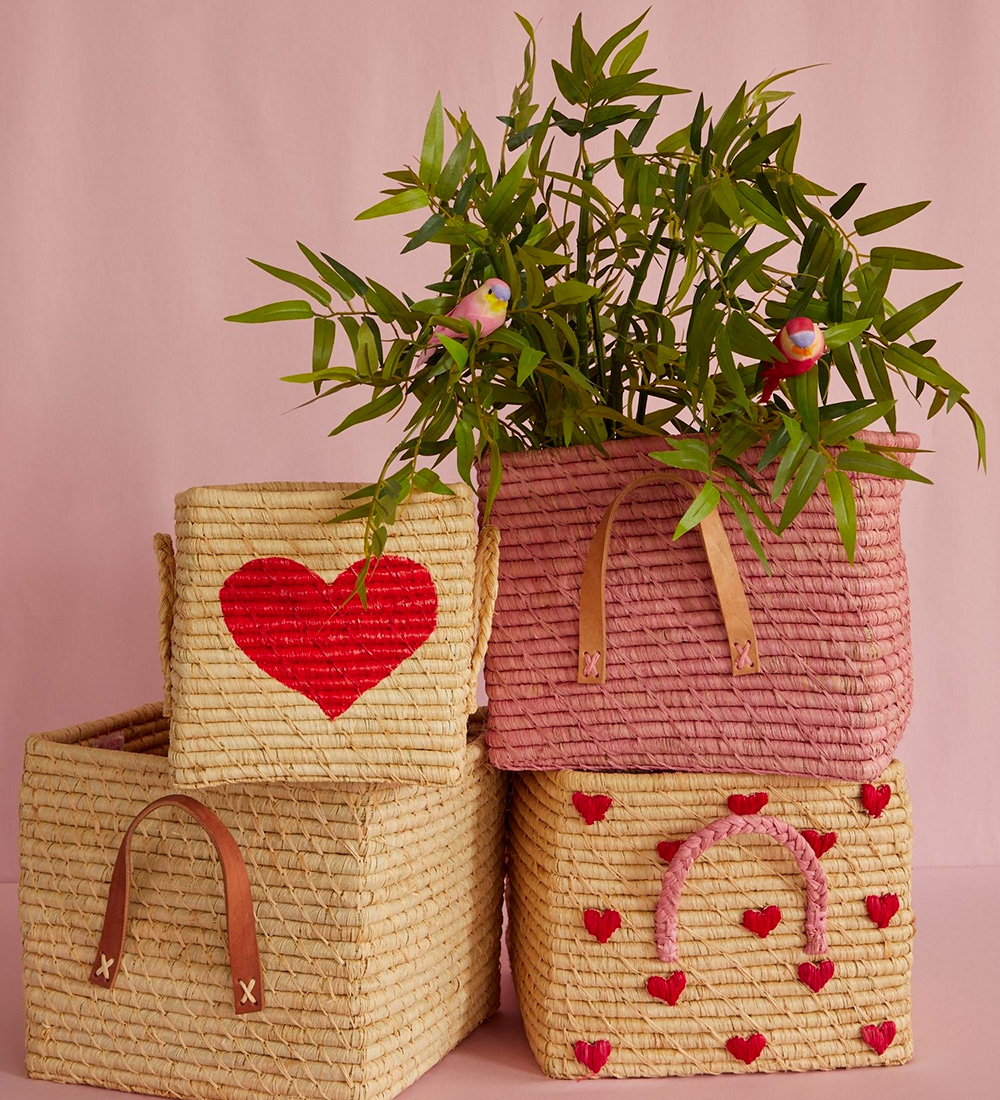 Rice Aufbewahrungskorb - Raffia - 30x30x25 cm - Natur m. Herzen