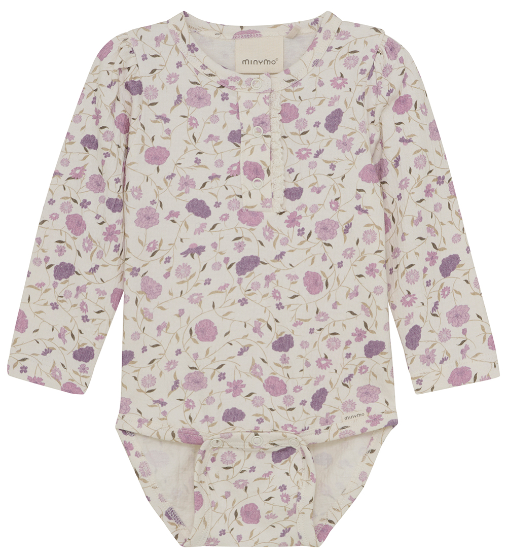 Minymo Bodysuit L/æ - Eggnog/Pink w. Flowers