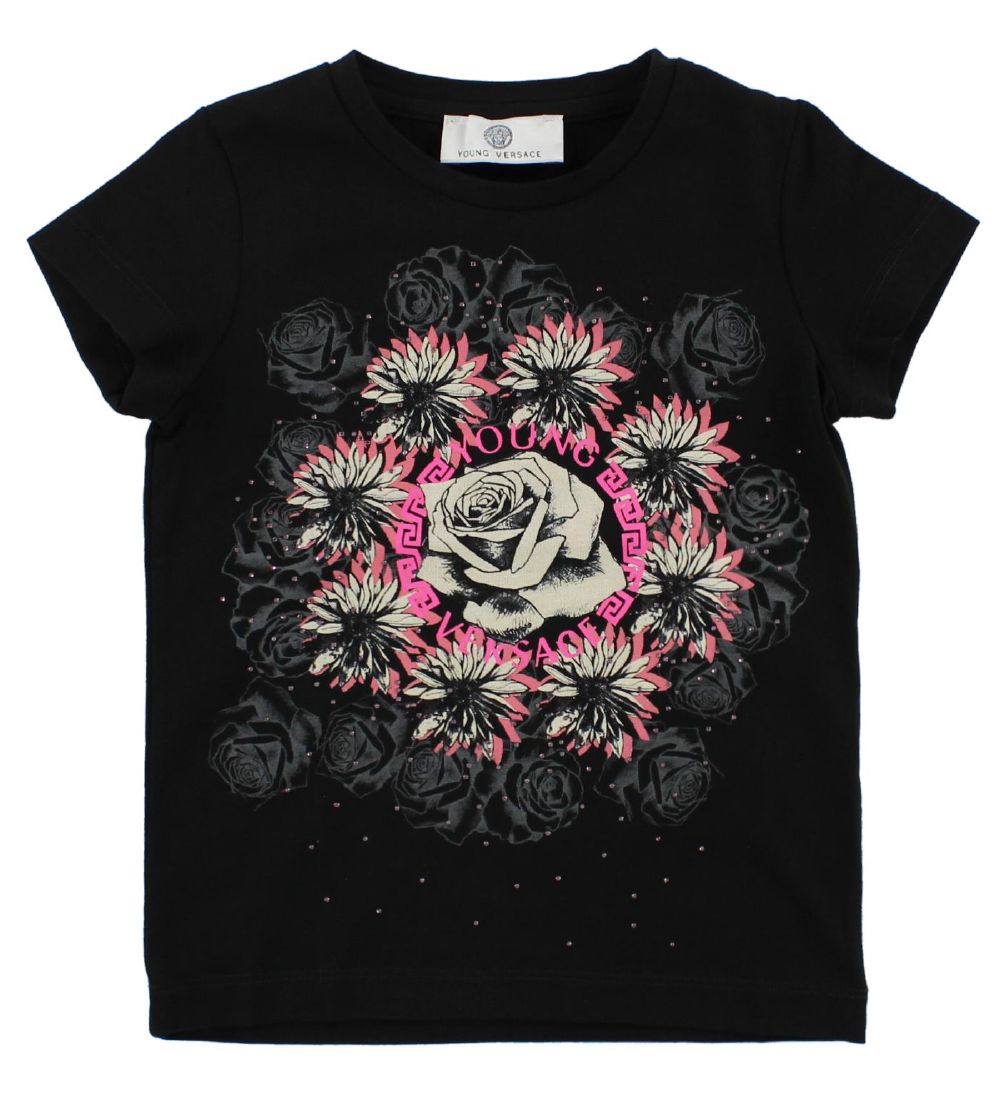 Young Versace T-shirt - Black w. Flowers/Rhinestones