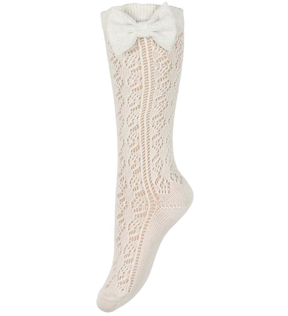 Melton Knee High Socks w. Bow - Knitted - Ivory w. Glitter