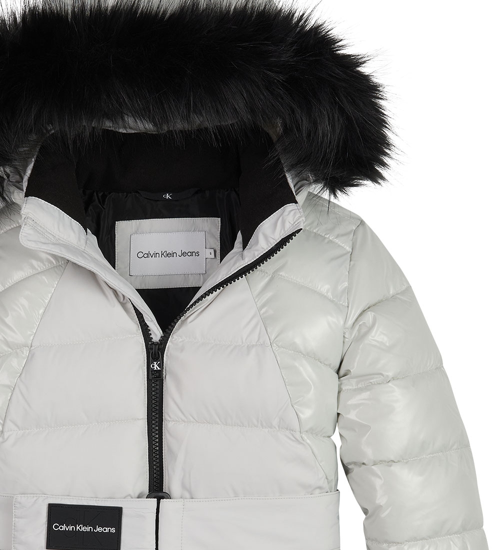 Calvin Klein Paddet Jacket - Mixed Media Belted Pouf - Stone Gre