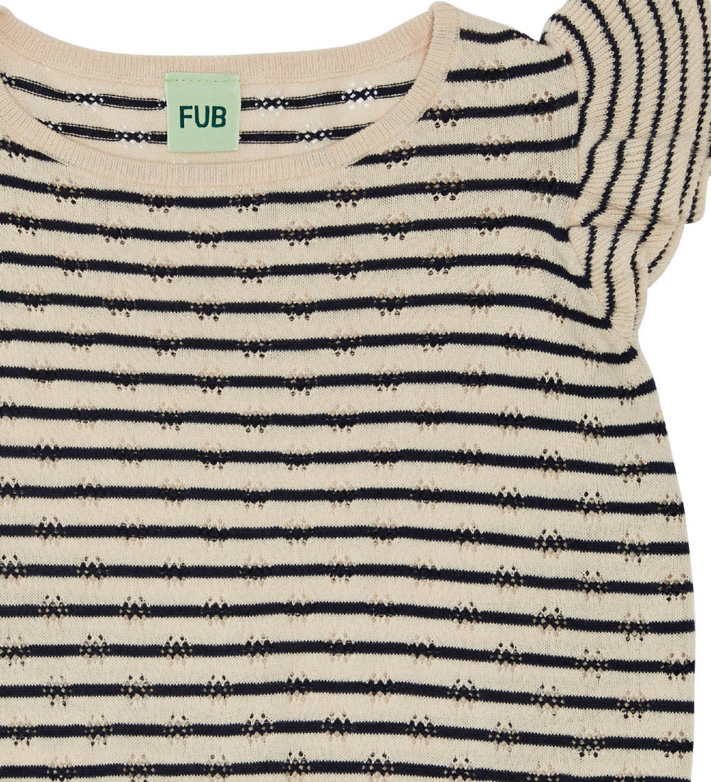 FUB T-shirt - Knitted - Ivory/Navy Striped w. Pointelle