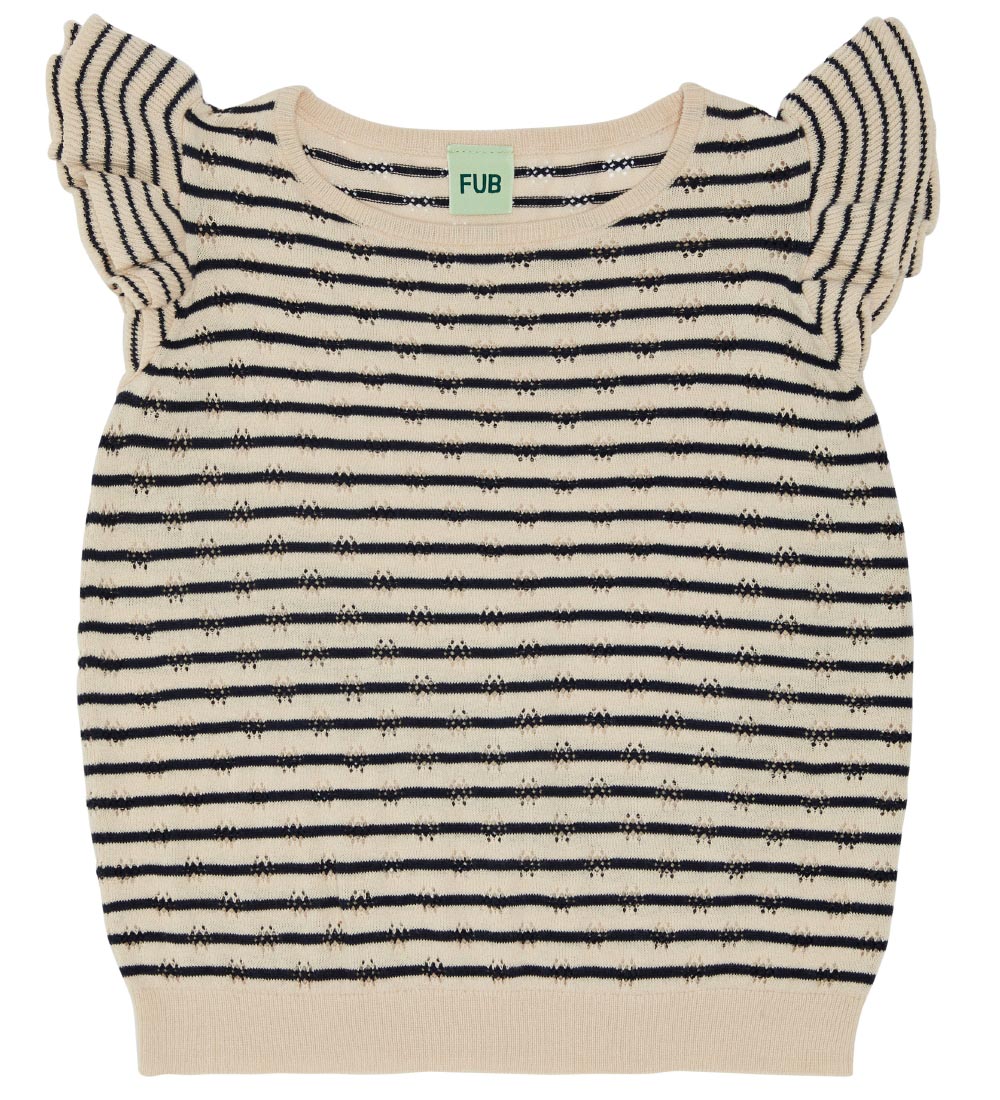 FUB T-shirt - Knitted - Ivory/Navy Striped w. Pointelle